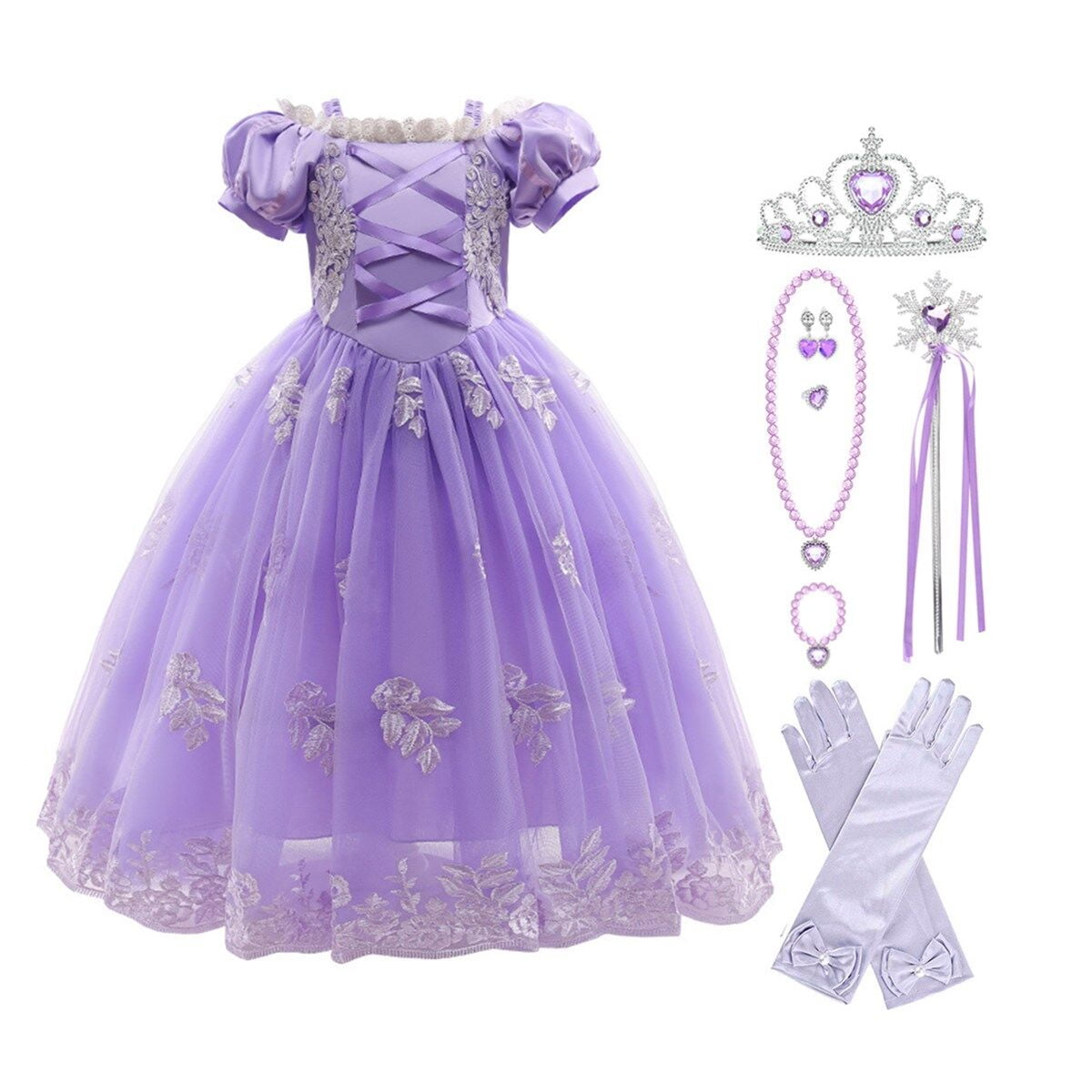 Halloween Costume Princess Dress for Girl Purple Cosplay Puff Sleeve Layerd Dresses