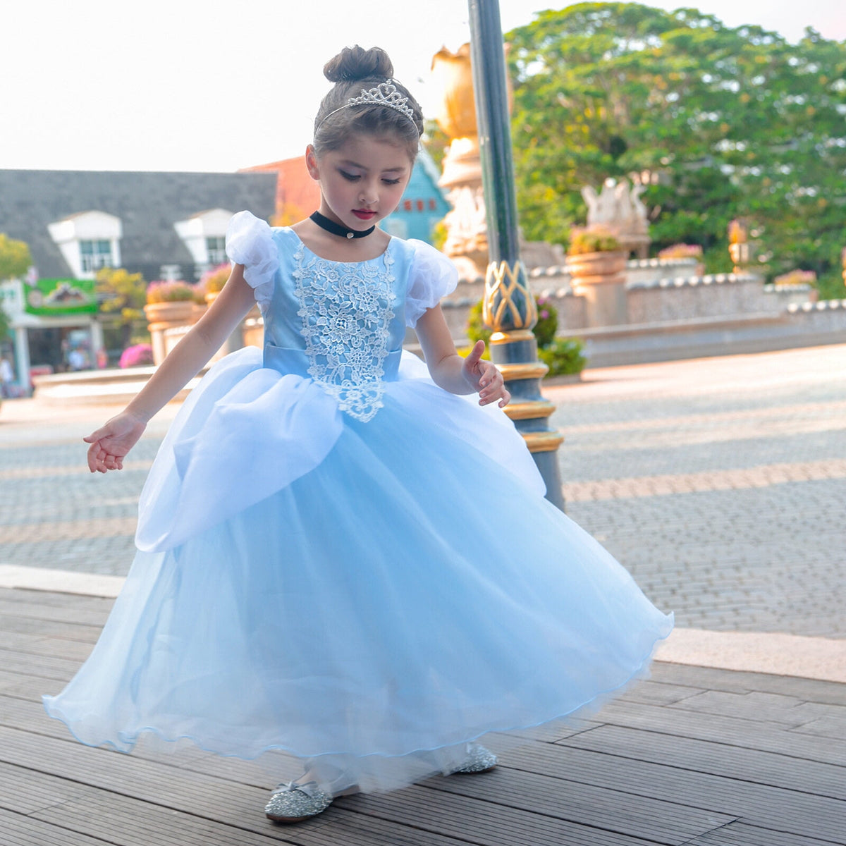 Halloween Costume Blue Princess Dress for Girls Puffy Sleeve Princess Costume