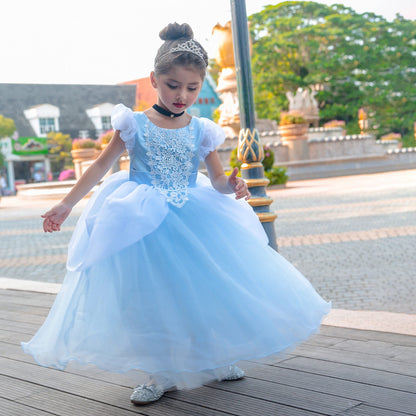 Halloween Costume Blue Princess Dress for Girls Puffy Sleeve Princess Costume