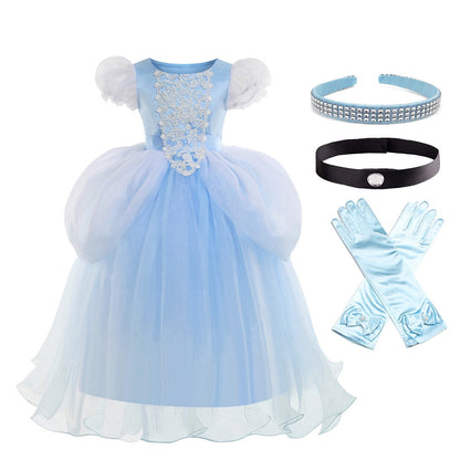 Halloween Costume Blue Princess Dress for Girls Puffy Sleeve Princess Costume