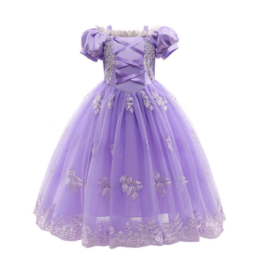 Halloween Costume Princess Dress for Girl Purple Cosplay Puff Sleeve Layerd Dresses