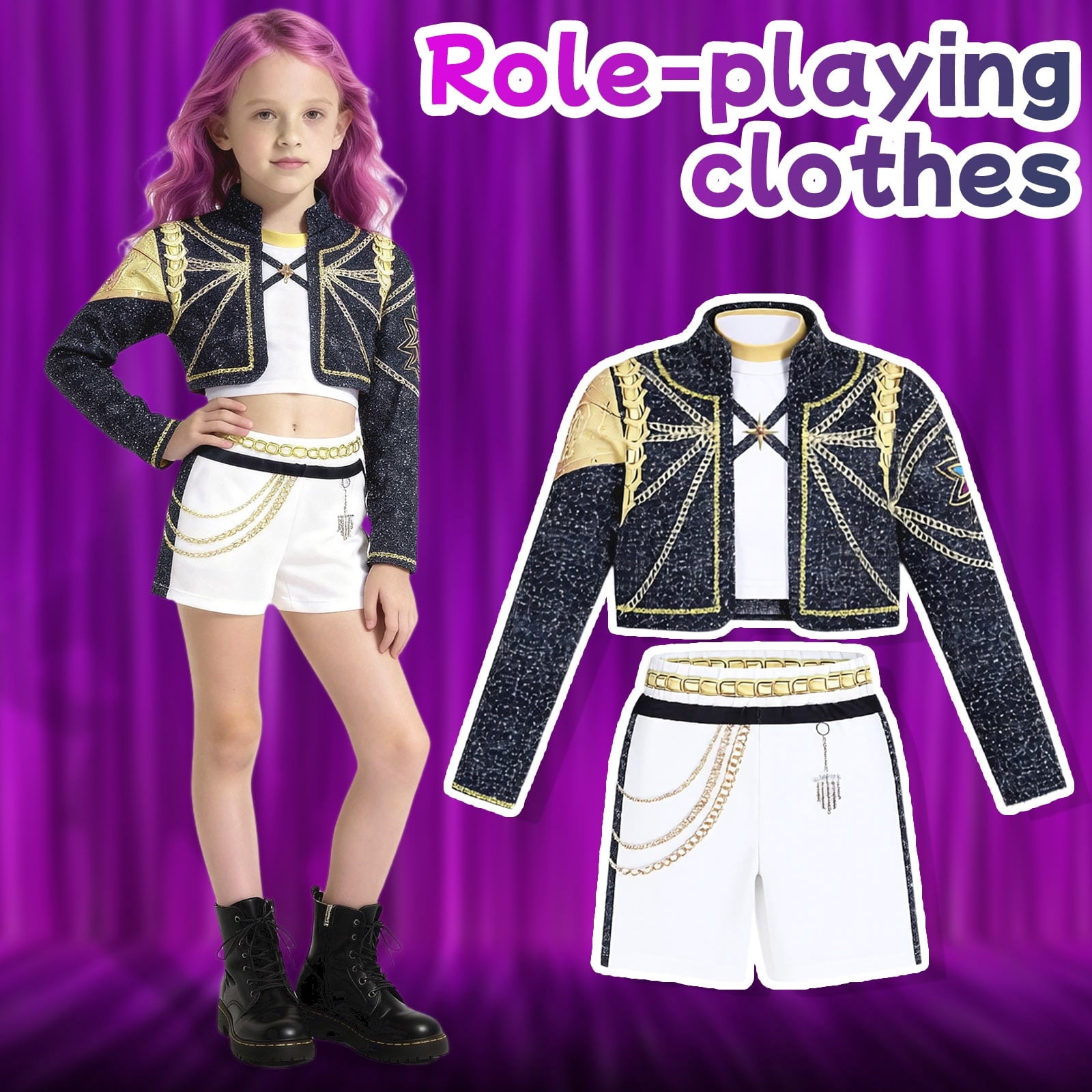 Halloween Costume Pop Star Stage Outfit Pop Idol Jacket Top and Shorts 3-Piece Set