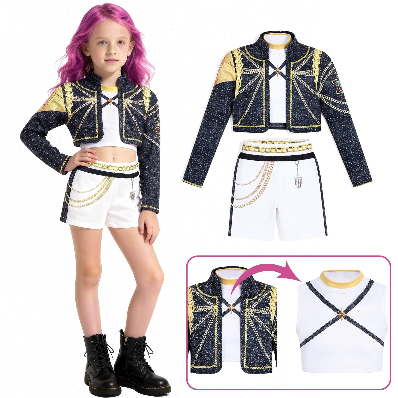 Halloween Costume Pop Star Stage Outfit Pop Idol Jacket Top and Shorts 3-Piece Set