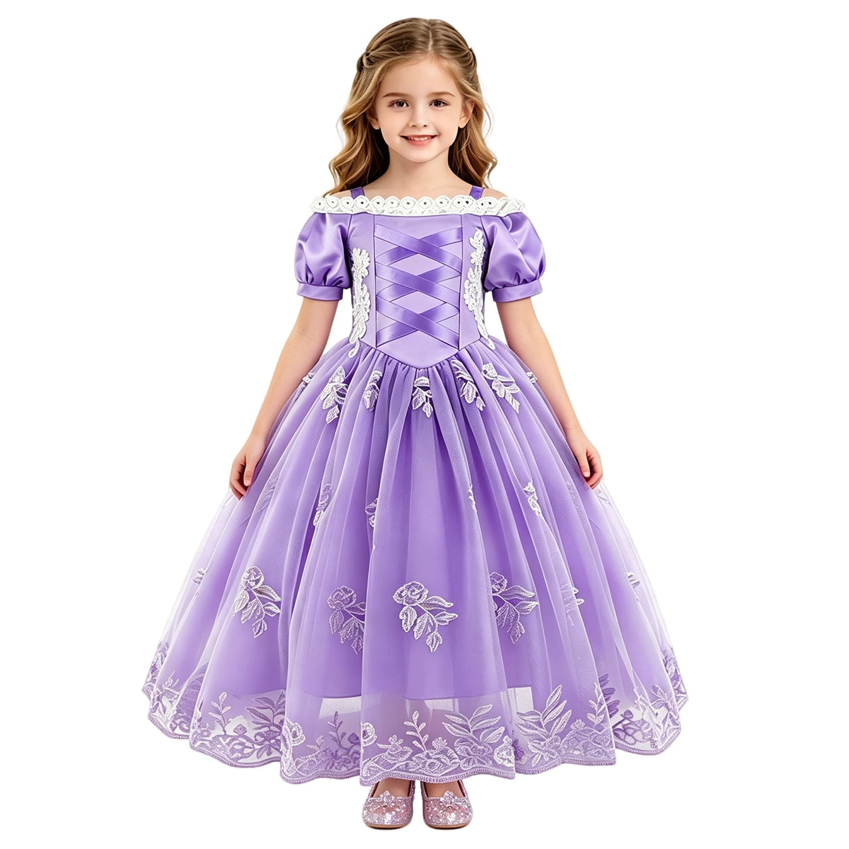 Halloween Costume Princess Dress for Girl Purple Cosplay Puff Sleeve Layerd Dresses