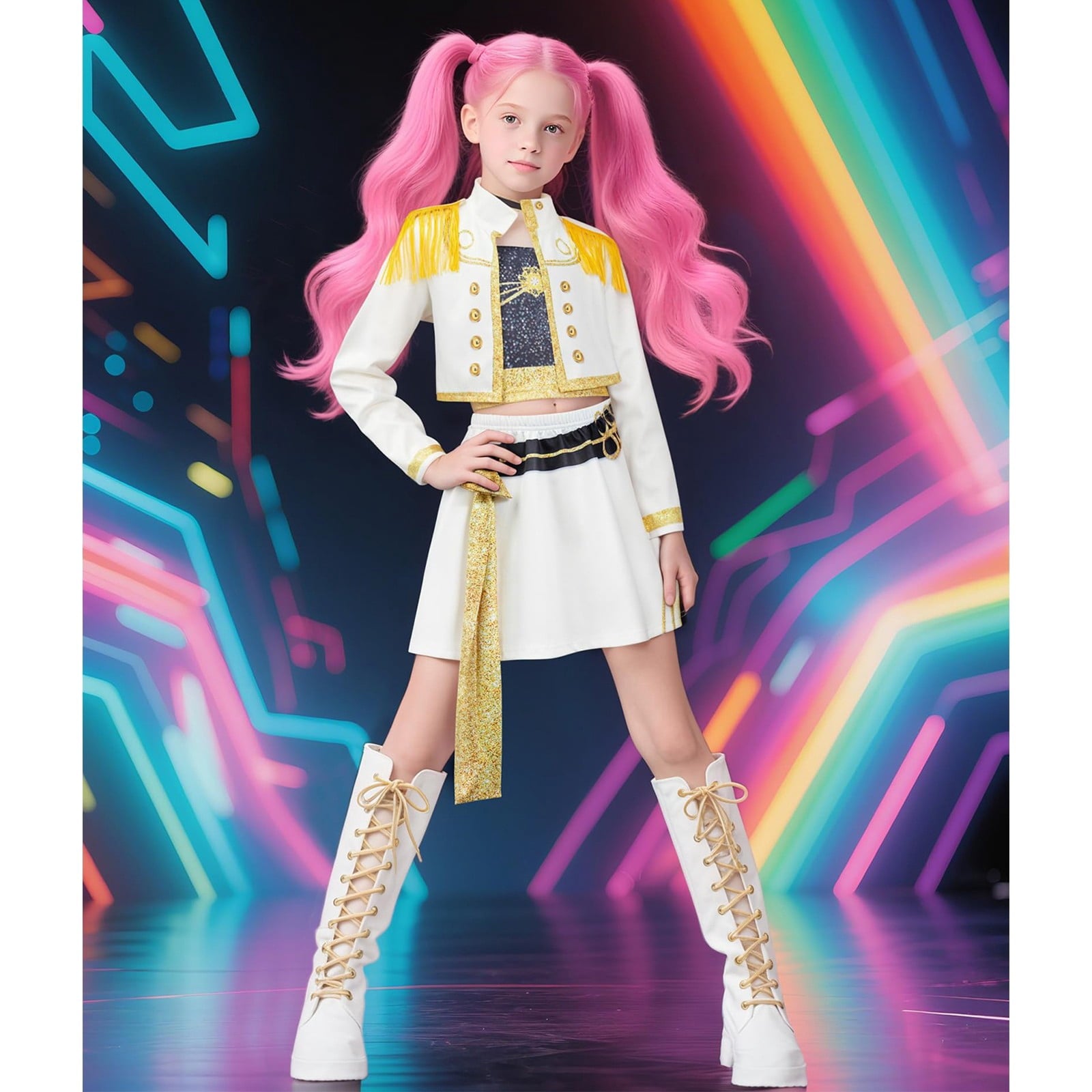 Halloween Costume Pop Star Stage Outfit Pop Idol White Long Sleeve Fringe