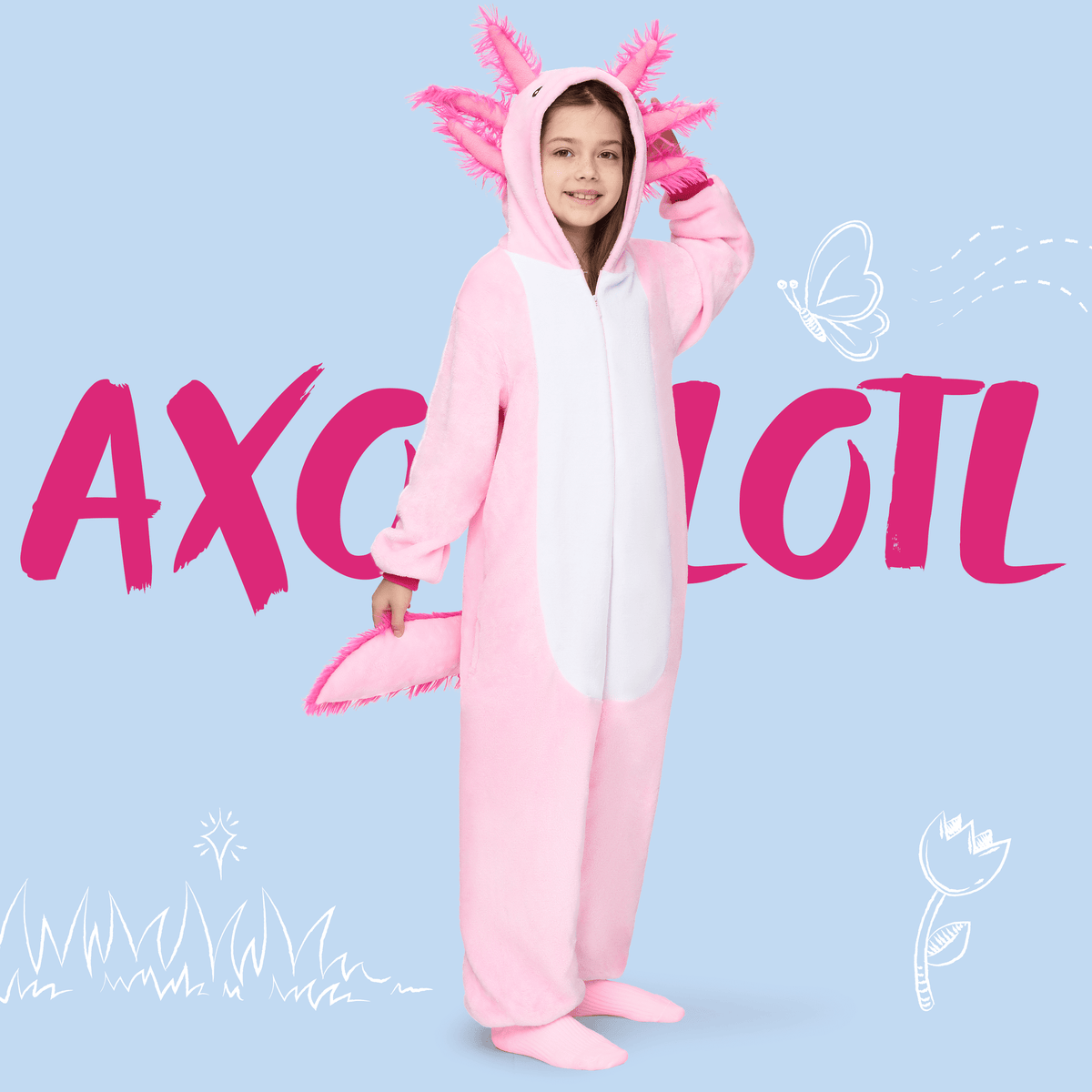 Halloween Costume Halloween Axolotl Costume for Kids, Zip-Up Hooded Jumpsuit